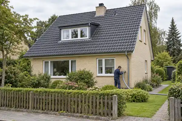 Illustration eines freistehenden Einfamilienhauses mit Klinkerfassade bei der Kerndämmung